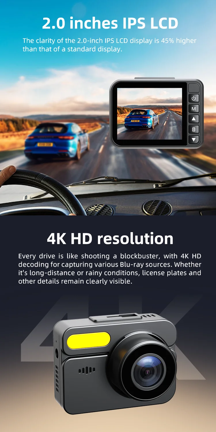 2-Inch Night Vision Dual Lens Car Dash Camera 4K Front and 1080P Rear View Recorder for Reverse with WIFI GPS Voice Control factory