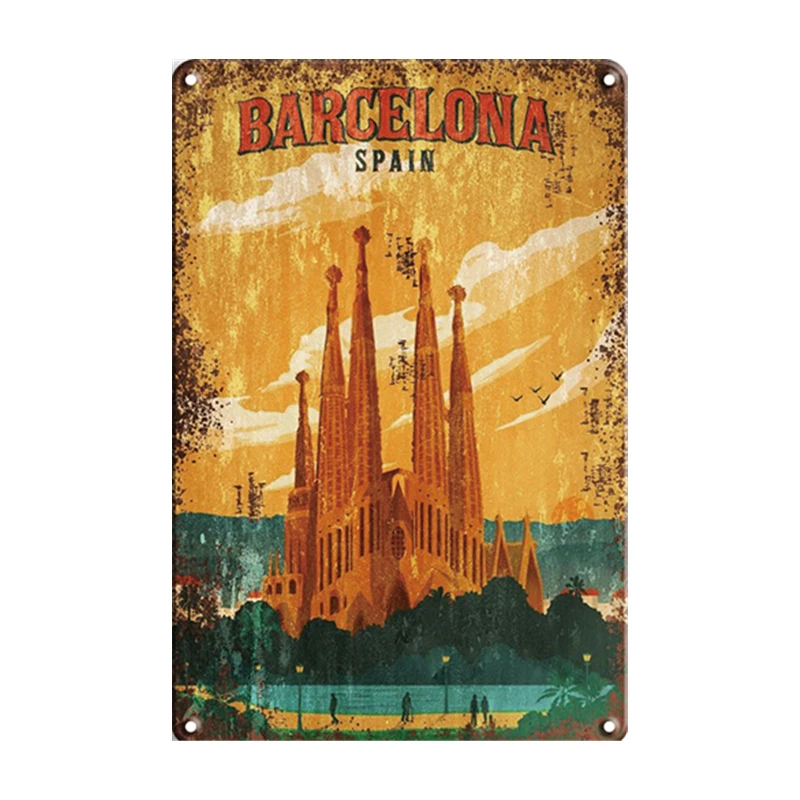 Barcelona Spain Tin Sign Retro Poster Plaque Metal Plate Vintage Wall for Home Bar Pub Club Man Cave Travel On Vacation