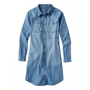 Factory Wholesale Elegant Casual Women's 3/4 Sleeve Summer Apparel Washed Denim Dress Turn-down Collar Sexy Bodycon Dress