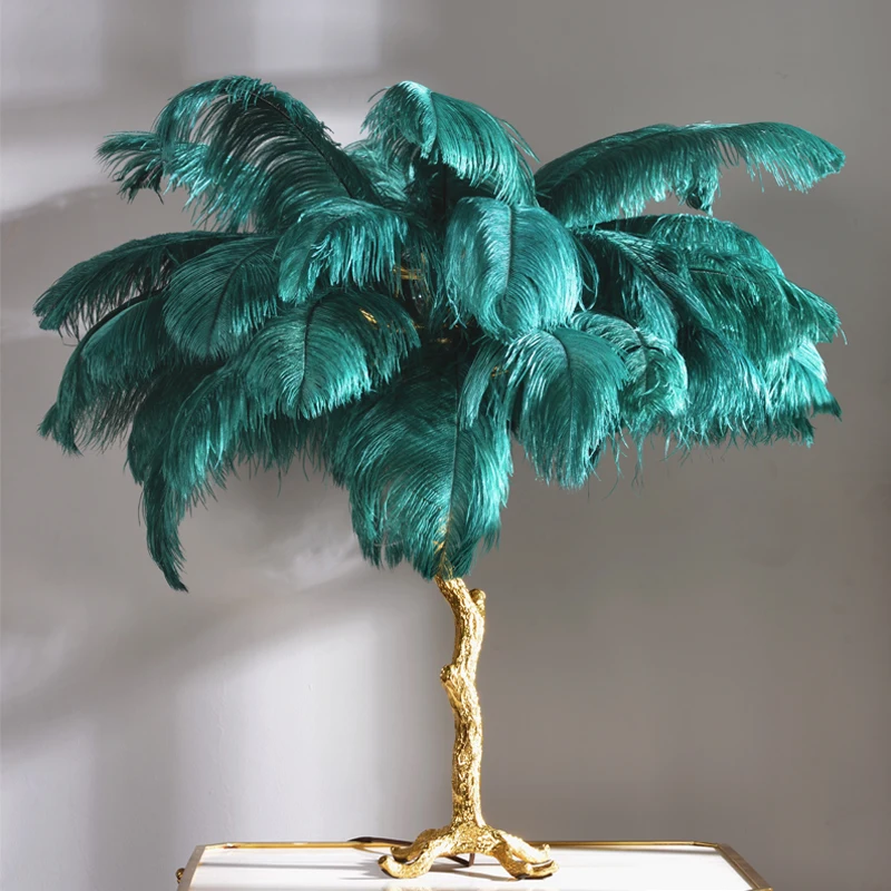 Brass Table Lamp with Ostrich Feather Shade Art Dynasty