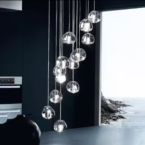 Luxury Hanging Multiple Pendant Light Led Spiral Sphere Glass Crystal Bubble Large Long Chandeliers for Stairs Ceiling