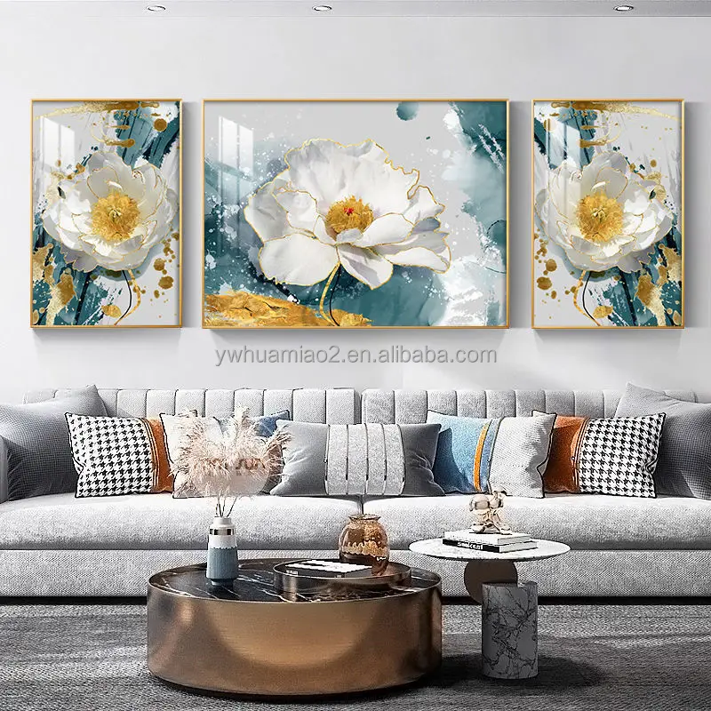 ソファ装飾 抽象画 3点セット 花 鹿 羽根 モダン ウォールガラスアート