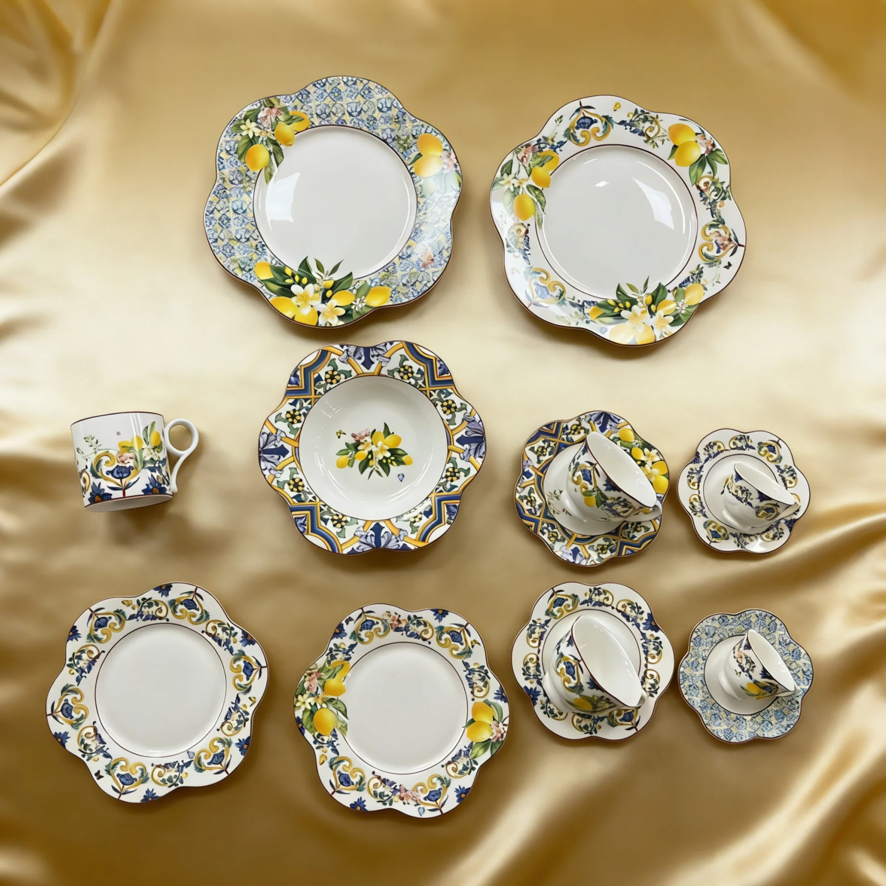 Vintage Lemon Floral Blue & Yellow Scalloped Edge Porcelain Dinnerware Set for Summer Brunch & Mediterranean-Style Gatherings