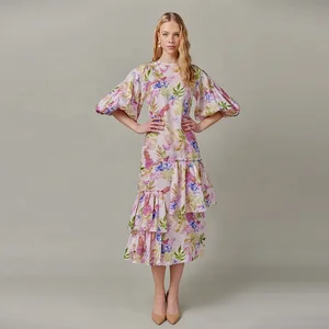 Clothing Manufacturer Custom Spring Autumn Pink Crew Neck Short Sleeve Elegant Casual Women Tropical Print Linen Midi Dress