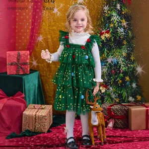 Christmas New Arrival Performance Costume Girls Autumn Winter Children's Tutu Dress O-Neck Cartoon Sweet Velvet Knee-Length