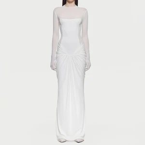 ZYHT 73860 Clothing Factory Women Sexy Long Sleeve Slit Sheer Maxi Dresses Straight Casual Party Long Dress Ladies with Gloves