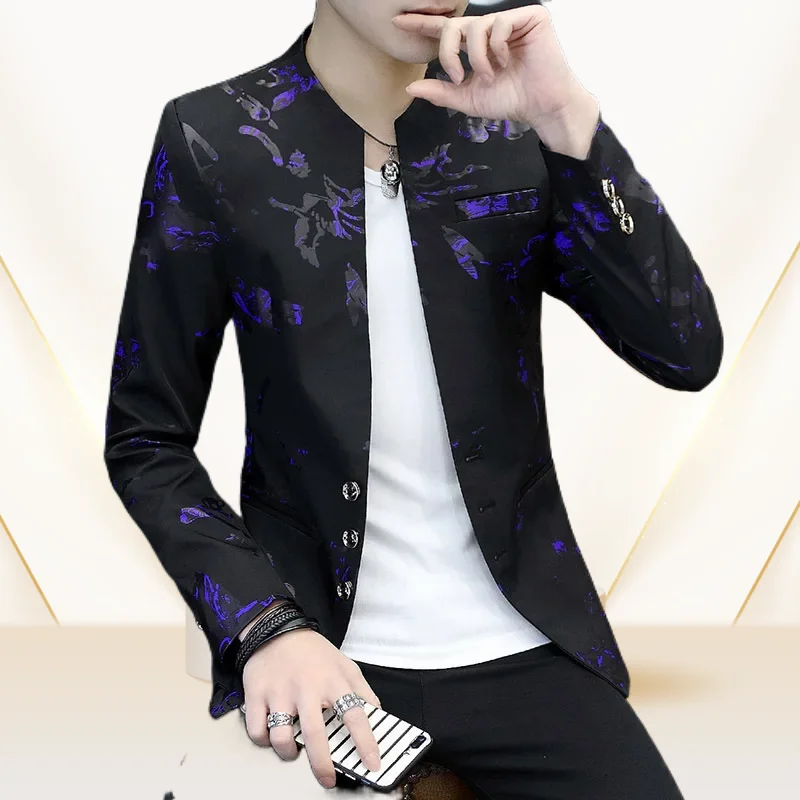 Men Printed Three Button Round Neck Small Suit High Quality Dress