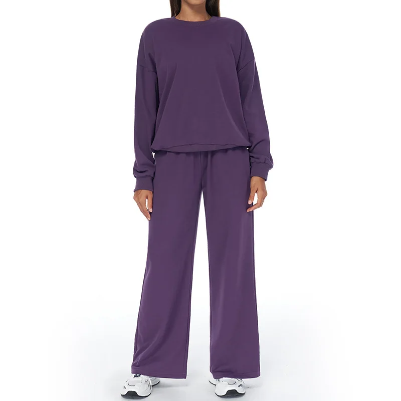 Autumn Winter Leisure Sports Sweat Suit High Waist Wide Legs Long Sleeve Breathable 2-in