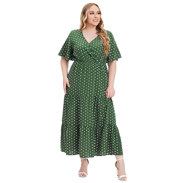 Summer New Plus-Size Women's Plus-size Polka Dot Casual Holiday Dress  V-neck Elegant Swing MIDI Skirt