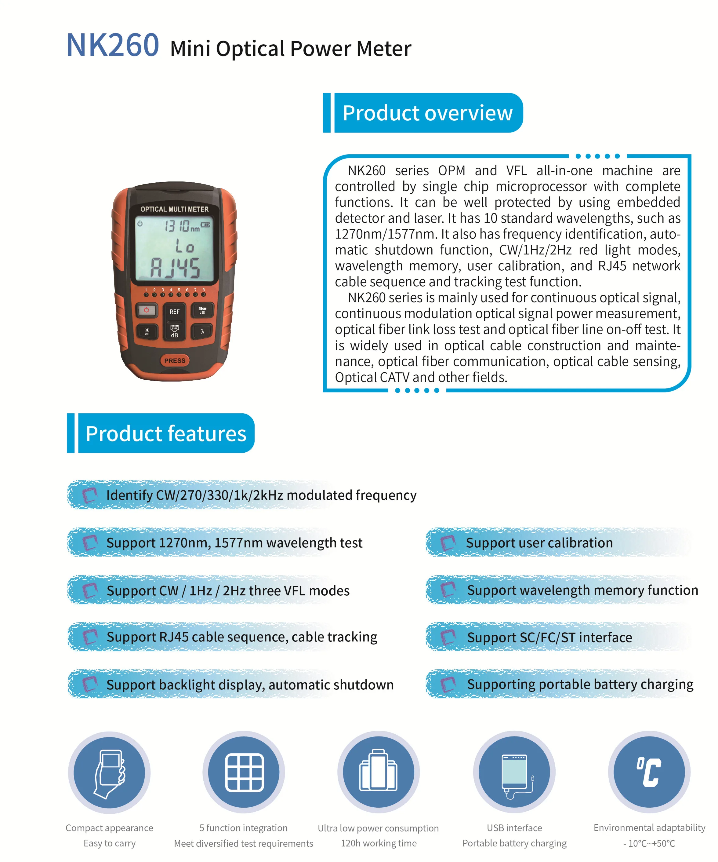 4 In 1 Fiber Optic Power Meter Nk260 Opm/opm+vfl 50+26db Fttx Tester