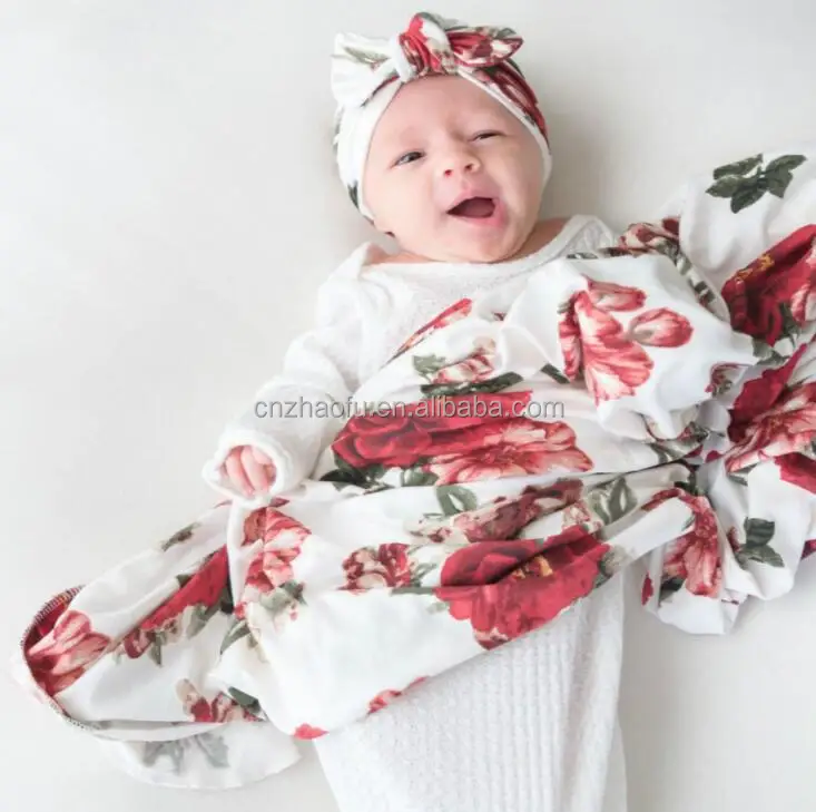 2pcs/set 5 Colors Floral Printed Newborn Baby Receiving Swaddle Blanket And Knotted Turban Hat