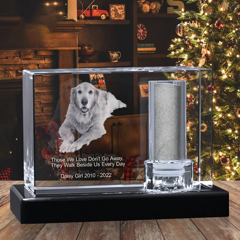 Shining pet cremation urn k9 crystal craft custom pet photos ashes urn 3d laser crystal cube for crystal pet Memorials