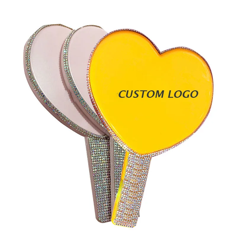 Pink Heart Diamond Studded Hand Held Mirror Logo Custom Bling Design Plastic Multicolor Makeup
