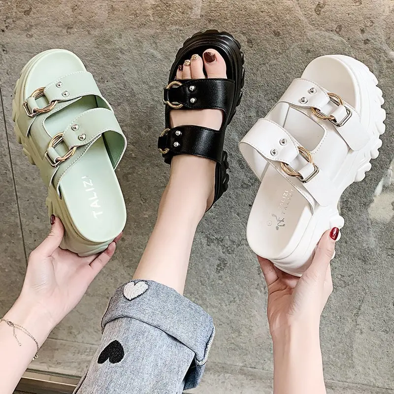 Platform Wedge Heel slippers Women 2021 New Double Belt Buckle Sandals  Summer Fish Mouth Beach Shoes slippers for Ladies