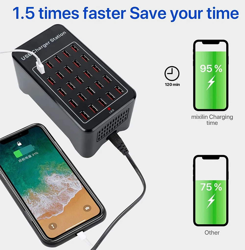 Carregador de alta potência com 30 portas USB 150W, adaptador de carregamento super rápido, multi hub USB, estação de carregamento para smartphone de mesa 150W