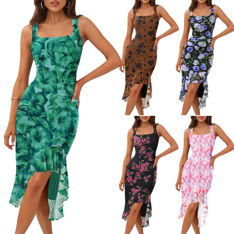 Hot Weather Women's Summer Floral Bodycon Dress Square Neck