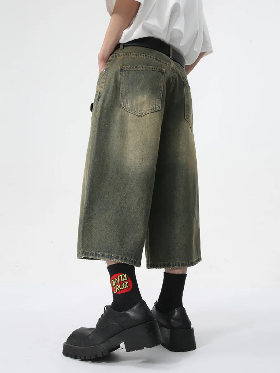 Pantaloni dritti larghi estivi da uomo, neri, pantaloni larghi drappeggiati, pantaloncini in denim corti, jeans larghi da uomo_voghion.com