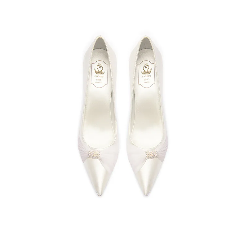High Quality Satin Material Pointed Toe Stiletto White Luxury Ladies High Heels Shoes For Wedding Party - Image 2