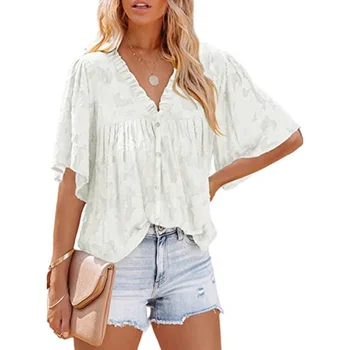 A95 Elegant Ruffle Lace Shirt 2022 Summer Women V-Neck Horn Half Sleeve Single Breasted Blouses Casual Street Loose White Blue