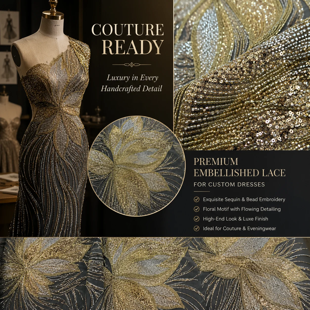 Luxury Gold Sequined Embroidery Mesh Fabric Beaded Floral Tulle Lace Sparkly Fabric for Evening Bridal Gowns Custom OEM