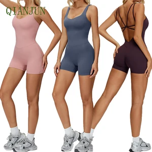 New Arrival Sport Bodysuit Romper for Women Gym Fitness Yoga Exercise Fine Belt Cross Beautiful Back Shorts Sports Romper
