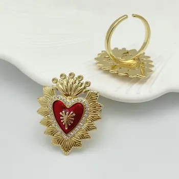 Gold Plated Heart Shape Rings Wholesale Enamel Red Heart Adjustable Rings Jewelry