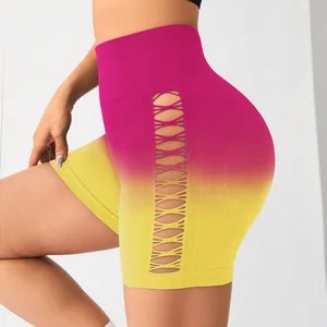 OEM New Openwork Women's Yoga Pants Color Seamless Sports Shorts High Elastic Hip Fashion Tie-dye Hanging Shorts.