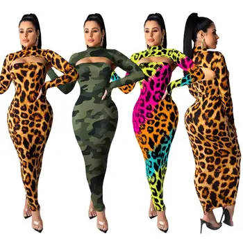 Long Sleeve Maxi Dresses Women Bodycon Two Piece Leopard Camo Floral Printed Evening Party Christmas Dress for Ladies RS00160