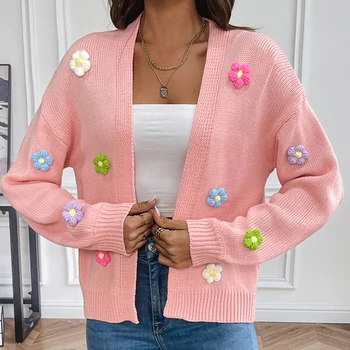 Wholesale Fall New Fashion V Neck Long Sleeve Flower Petals Top Young Girls Women Ladies Cardigan Knitted Sweater From Factory