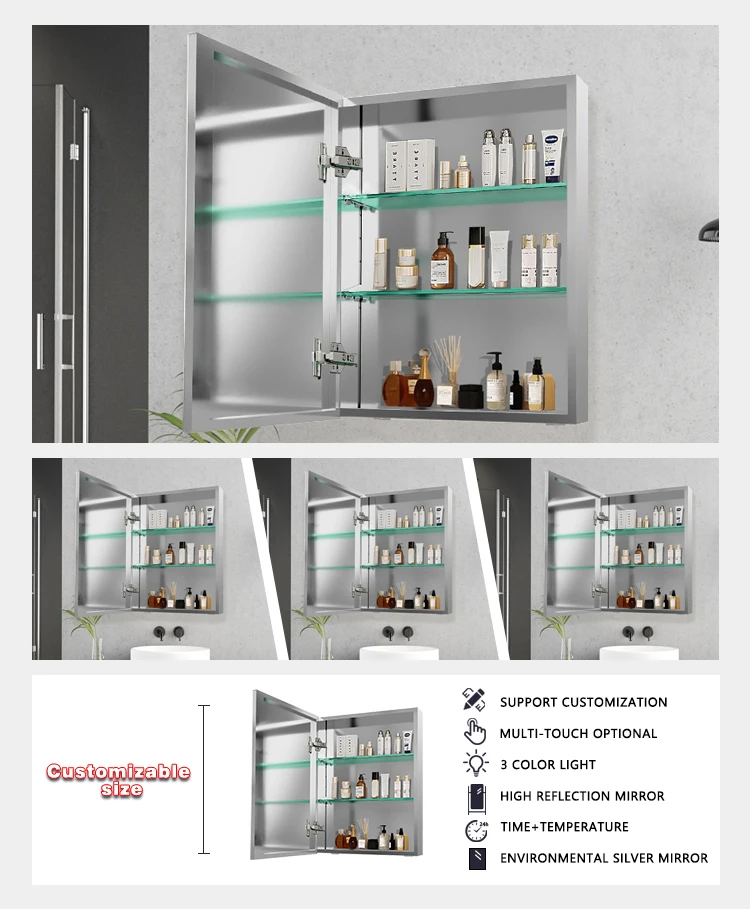 product modern aluminum alloy bathroom cabinet wall mounted rectangle bathroom cabinet medicine cabinet with mirror for hotel-4