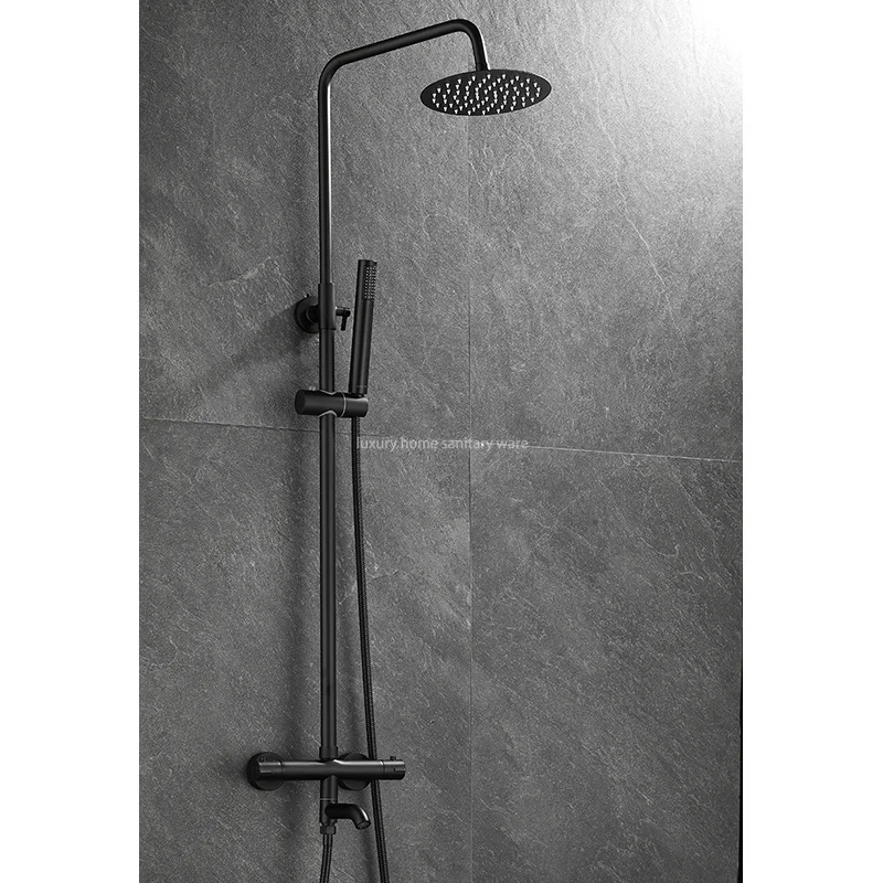 Modern Bathroom Shower Set Simple Black Round bar Constant Temperature Shower Faucet Set