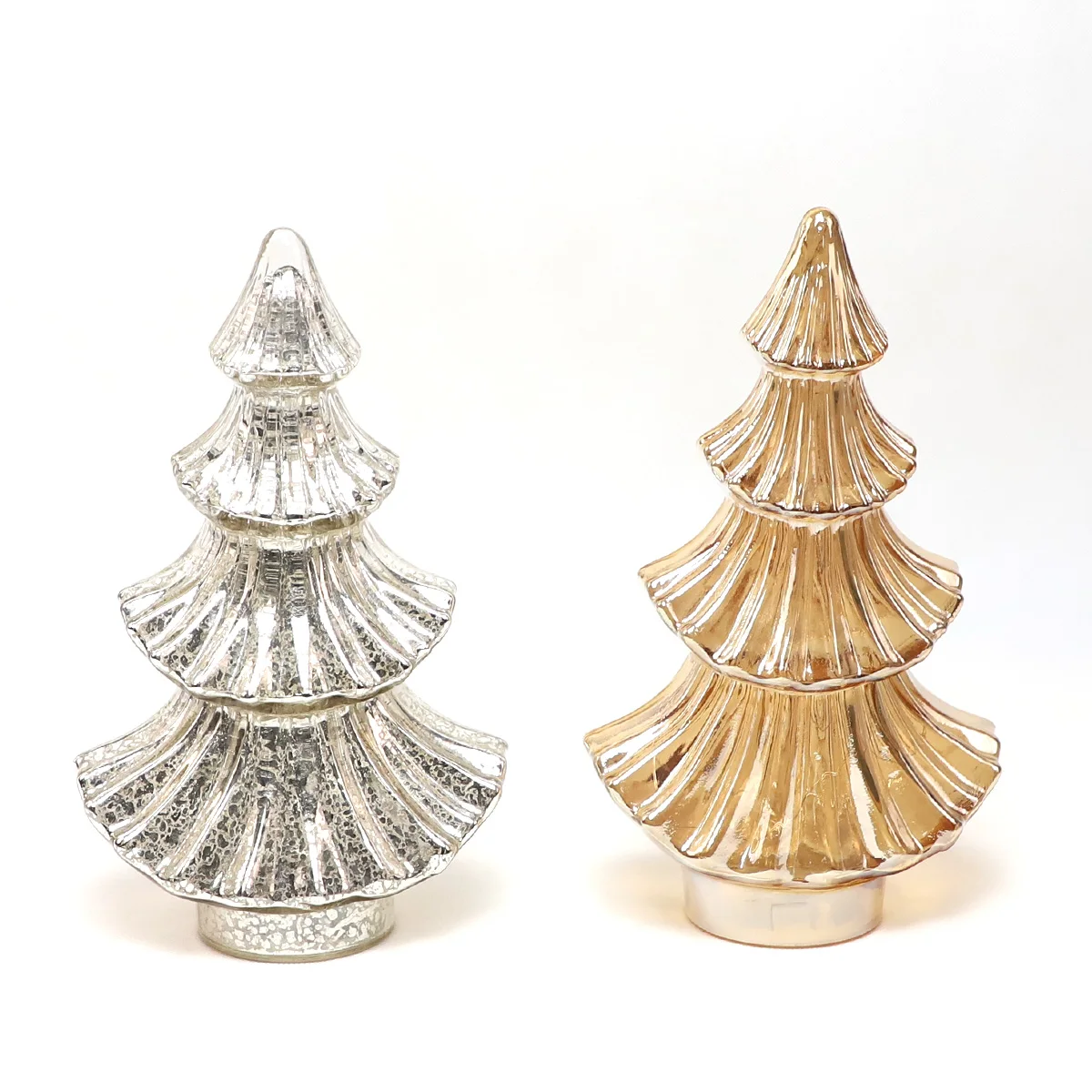 Custom best tabletop small gold white illuminated pre lit mercury glass led lighted snowing xmas christmas tree home decoration factory