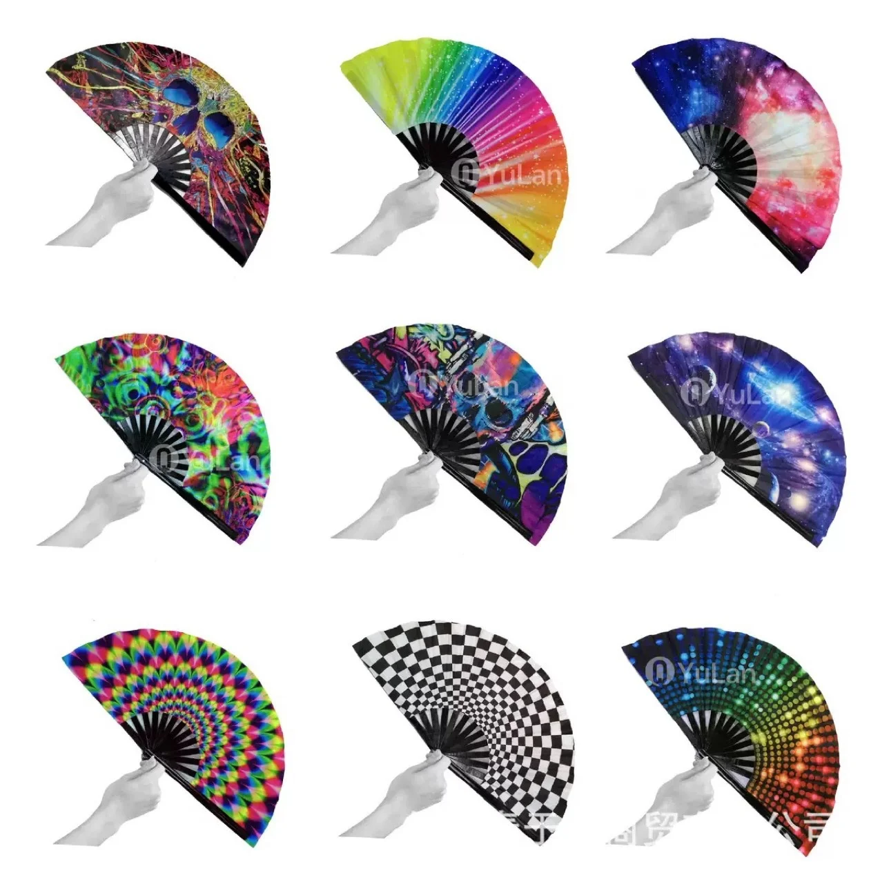 33.3cm Colorful Kung Fu Fan Black Bone Plastic Tai Chi Fan Dollar Fan Fluorescent Fan Fabric Fan Cross-Border Model 0089 for preview 3