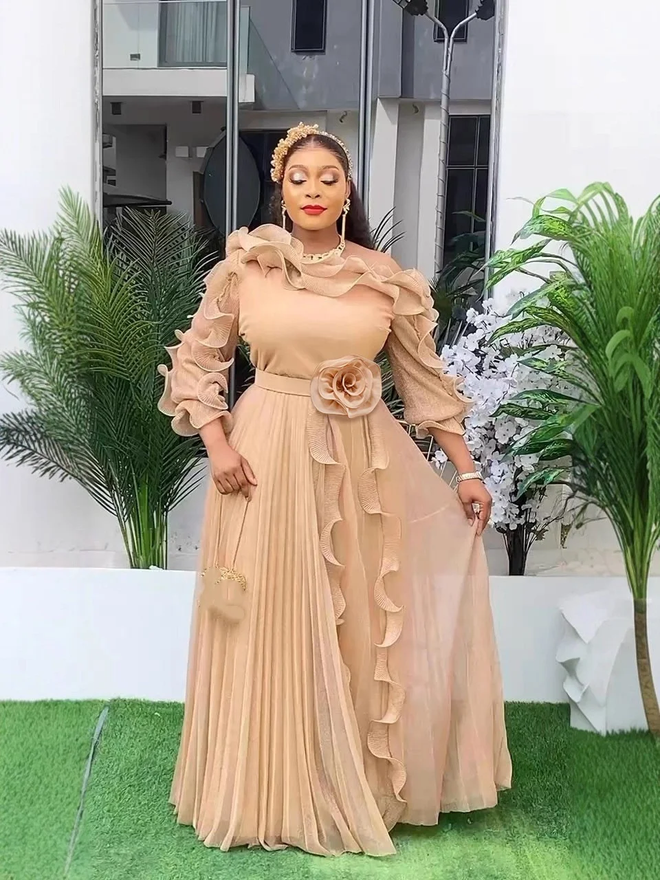 African Women a Line Long Flare Sleeves Pleated Chiffon Dresses Ruffles Flowers Wedding Guest Birthday Occasion Event New Dress African Women a Line Long Flare Sleeves Pleated Chiffon Dresses Ruffles Flowers Wedding Guest Birthday Occasion Event New Dress