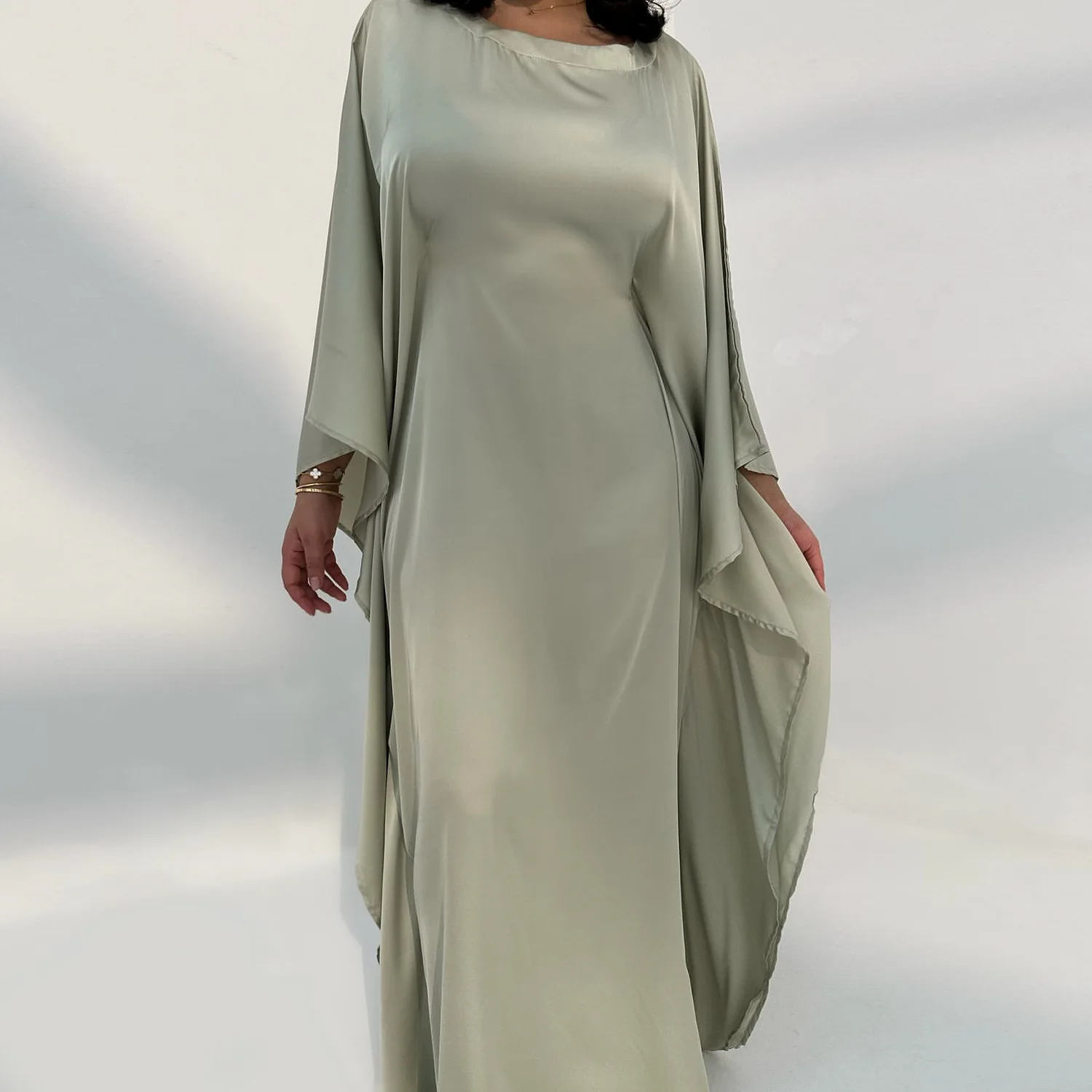 fitted lace wedding dress Women's Round Neck Long Sleeved Dress Bat Sleeve Apricot / L main image 0