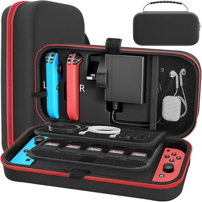 Portable Hard Shell Pouch Carrying Travel Game Bag with 20 Game Cartridge Case Fit Joy-Con and AC Adapter for Switch