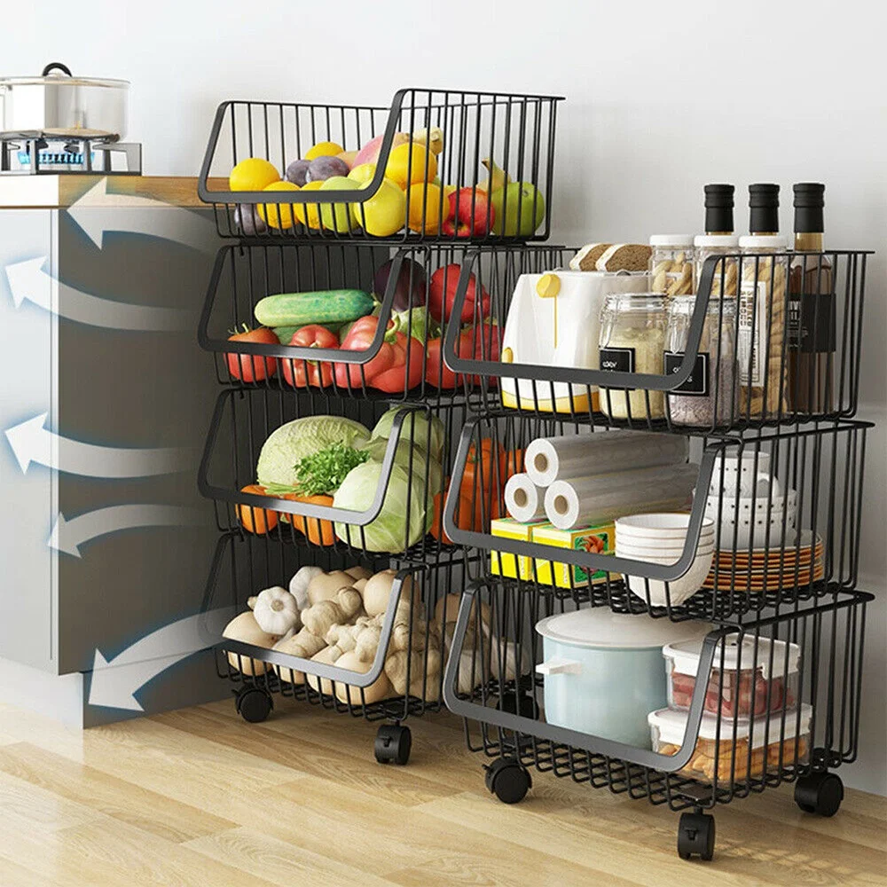 Stapelbare Draht Aufbewahrung krbe Obst Aufbewahrung wagen 4 Tier Gemse  korb Behlter Rack mit Rdern fr Kche Badezimmer Korb