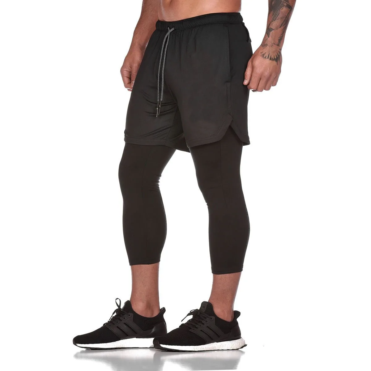 Hulpvktsgiq Mens Running Training 2 in 1 Compression Tights Pants Shorts Workout Gym Legging Activewear Pants with Pockets