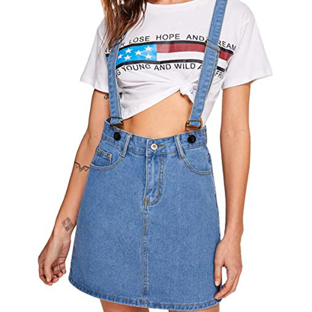 Womens Retro Suspender Jean Skirt With Pocket Summer High Waist Ripped  Strap Overalls Hole Denim Jumpsuit Skirt Female