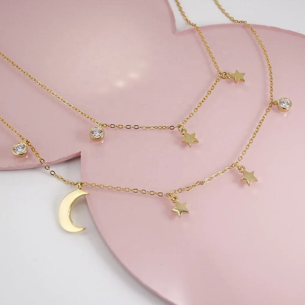 New Trendy Alloy Cute Elegant Wish Blue Star Moon Planet Gold Color Choker  Pendant Necklaces for Women Fashion Jewelry Dropship