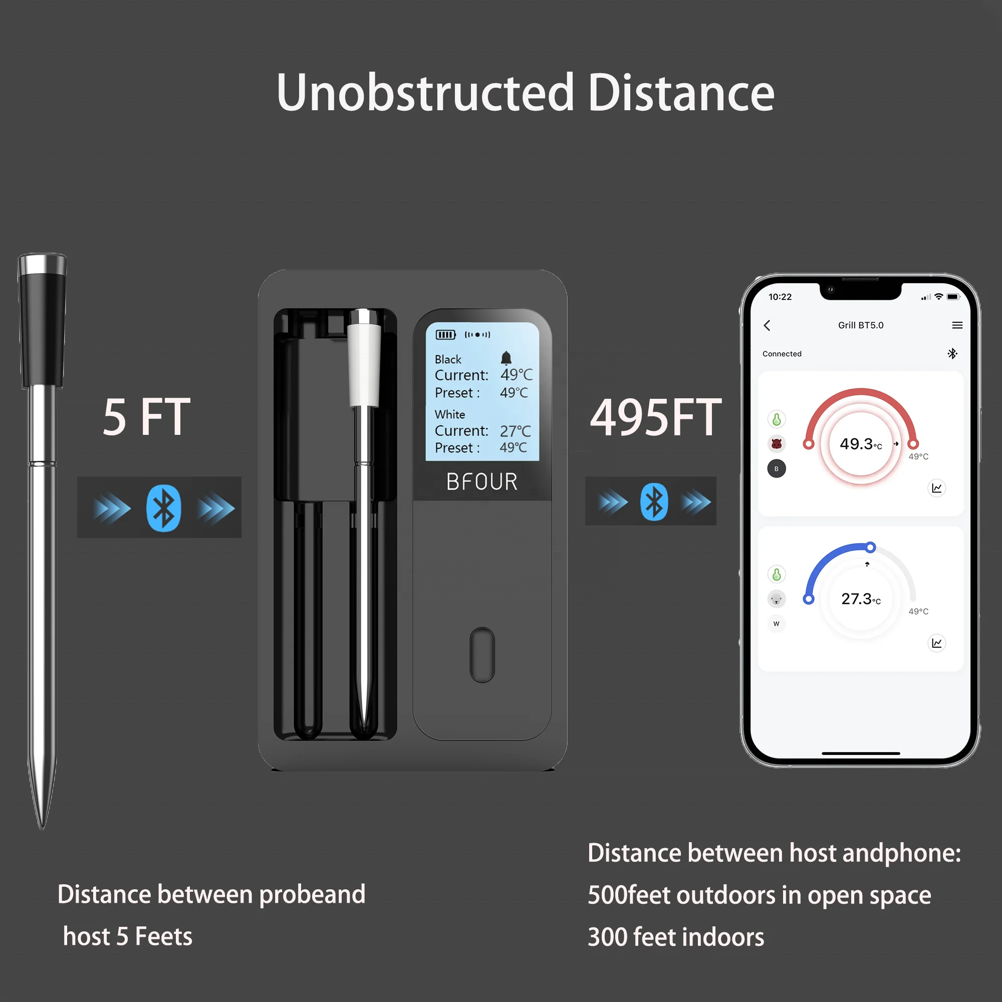 BFOUR 500FT Smart Digital Cooking  Wireless Meat Thermometer for BBQ Grill Oven with Bluetooth APP