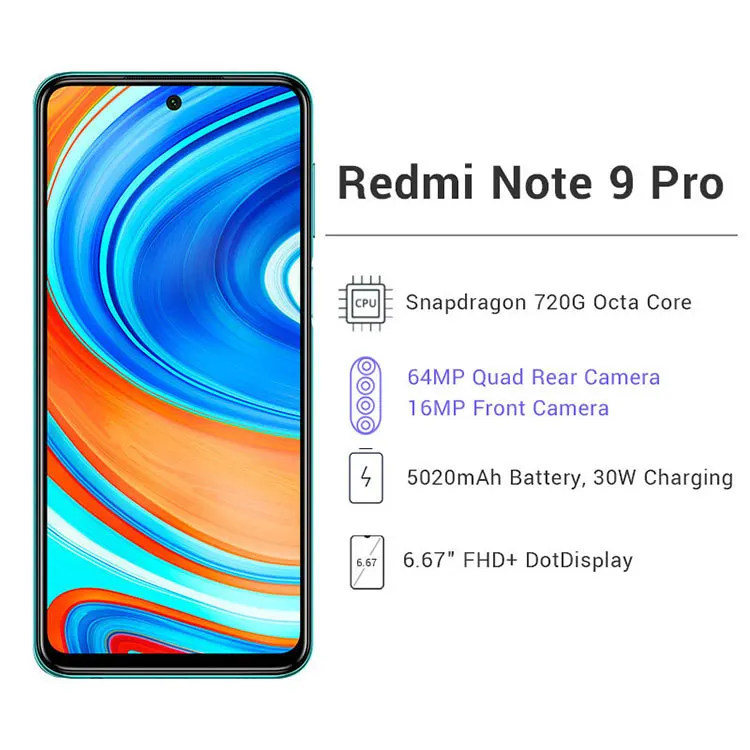 Мобильный телефон Xiaomi Redmi Note 9 Pro, 6 ГБ, 64 ГБ, 128 ГБ, Snapdragon 720G, 64 мп, четыре камеры, NFC, 6,67 дюйма, 5020 мАч, телефон Redmi Note 9 Pro