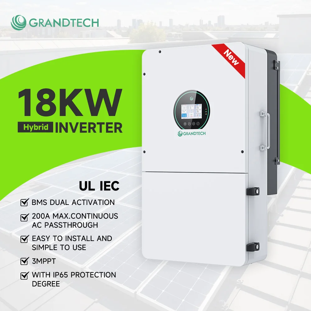 عاكس شمسي هجين من شركة GRANDTECH بسعات تتراوح بين 5 كيلوواط و18 كيلوواط، وفق المعيار الأمريكي، ثنائي الطور، إخراج واحد، ومزوّد بحماية ضد الزائد، عاكس شمسي لأنظمة تخزين الطاقة (ESS)