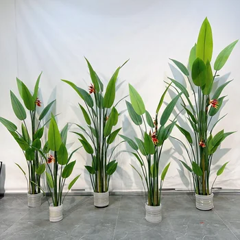 Artificial Plant Large Palm Artificial Tree Potted Houseplant with Bird of Paradise Flowers for Home Decoration