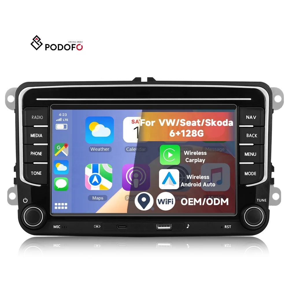 Podofo 7'' Car Radio 6+128G Car Audio for VW/Seat/Skoda Car Stereo Wireless Carplay/ Android Auto Wifi GPS Radio Para Auto A4220