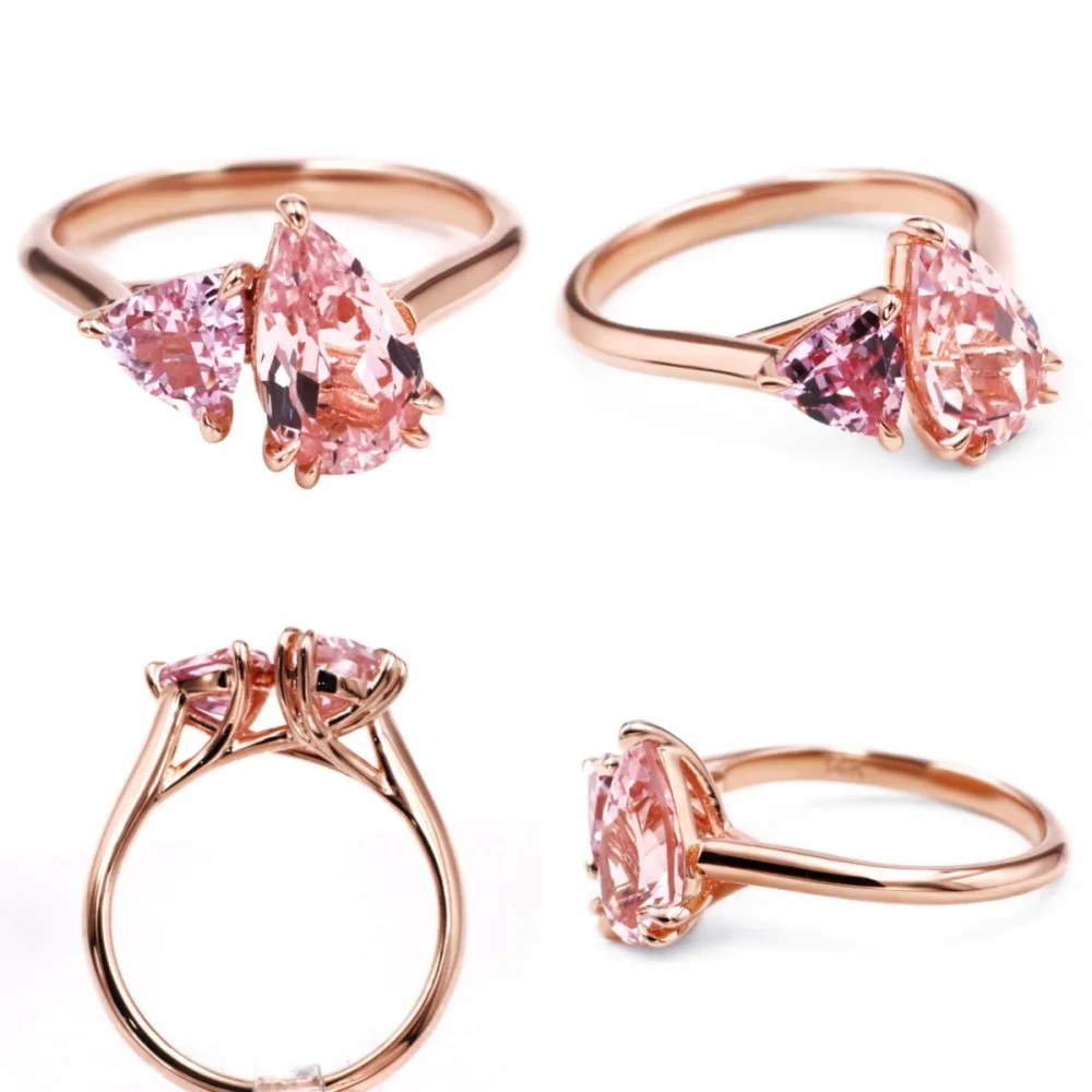 Tianyu Gems Two Stone Toi Et Moi Design Customized Luxury Lab Grown Pure Gold Color Pink Sapphire Ring 18K for Women