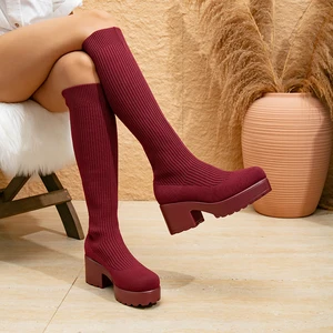 Red Sexy Versatile Autumn and Winter Women's Long Boots Fashionable Round Toe Spring New Knitted Knee High Bare Boots for Ladies