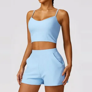 Sky Blue Yoga Set Premium Workout Leggings Sports Bra Athletic Training Performance Exercise Two Piece Suit