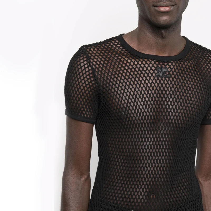 Mesh See Through Tshirt Men Sexy Short Sleeve Fishnet Transparent