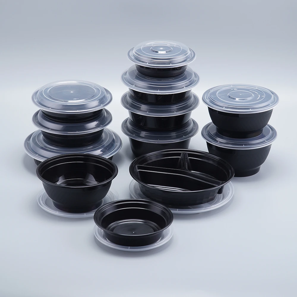 LR 48OZ Round Microwave Safe Disposable Plastic Food Container Black Take Out Meal Prep Plastic Box Food With Lids
